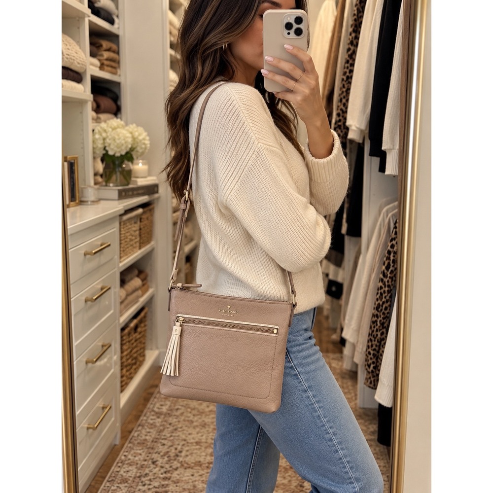 Kate Spade New York Taupe Pebbled Leather Crossbody Bag Tassel Zip Pocket